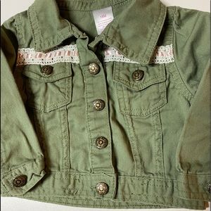 18M green jacket w crochet & ribbon trim. pockets